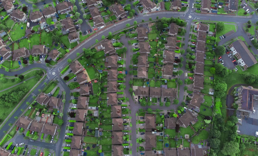 an aerial po of a neighborhood with buildings