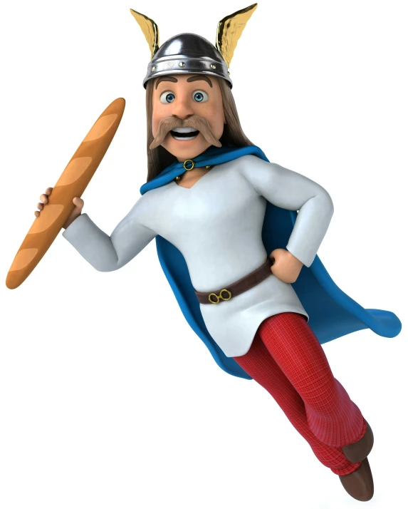 a cartoon character is holding bread in one hand and dressed as a king