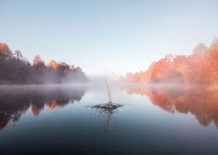 the boat is traveling through the river on a misty day