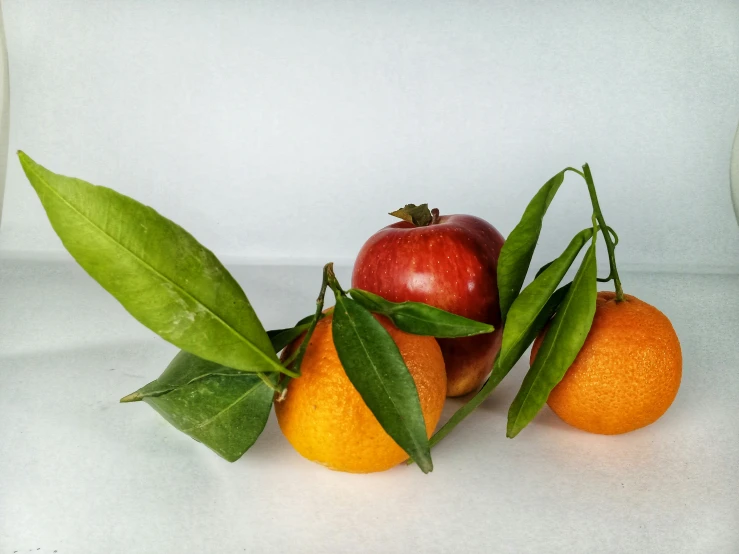 four apples, an orange, and two tangerines sitting on a white surface