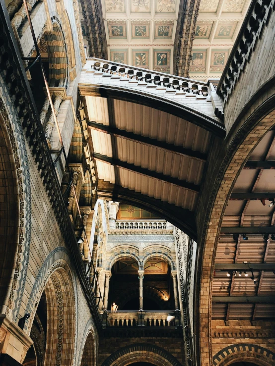 a view from the ground looking down at a long vaulted ceiling