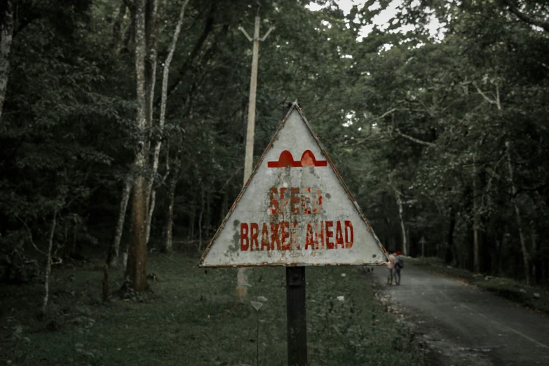a sign reading red brick ahead stands in front of trees