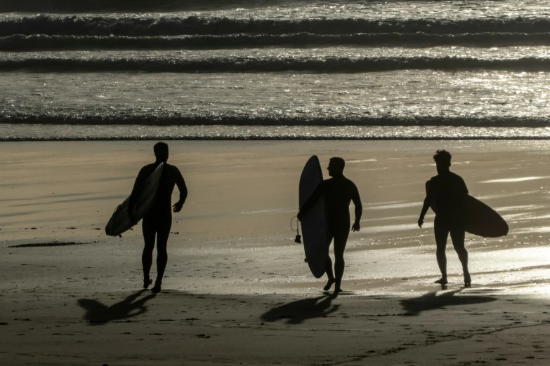 three men walking along the shore with their surf boards