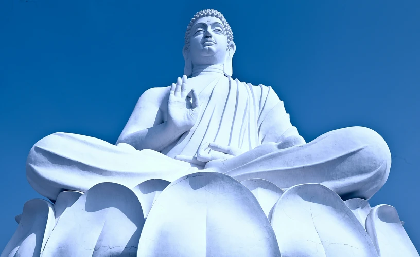 a white statue sitting on top of a white flower covered field