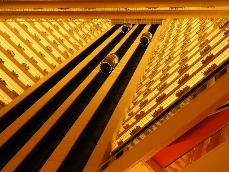 the view down below of a building with several black and white lines