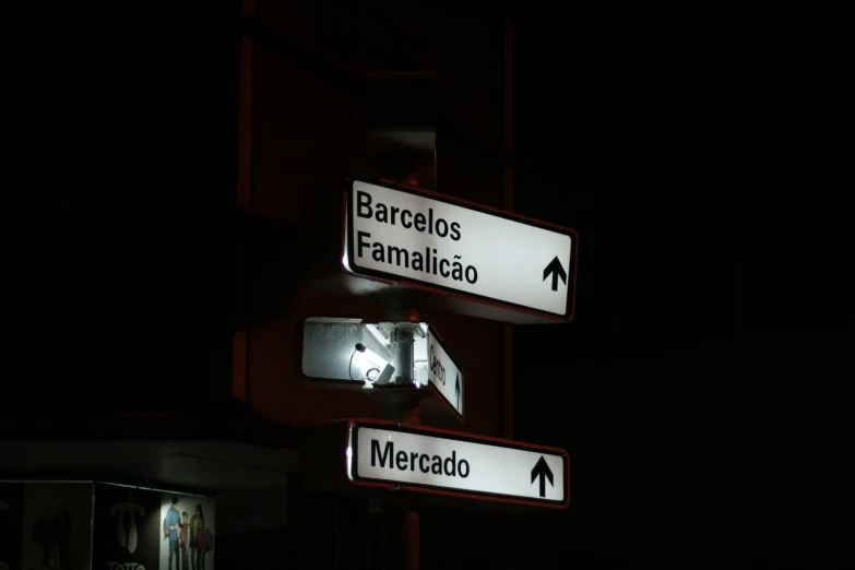 a couple of street signs at night time