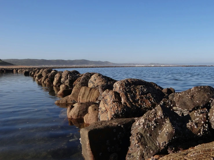 a row of rocks on the water near a beach