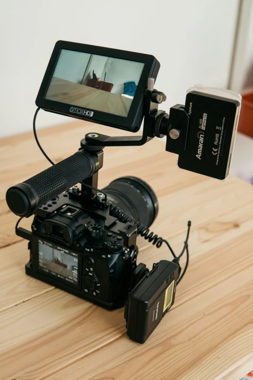 the camera is positioned on a wooden table for its own view