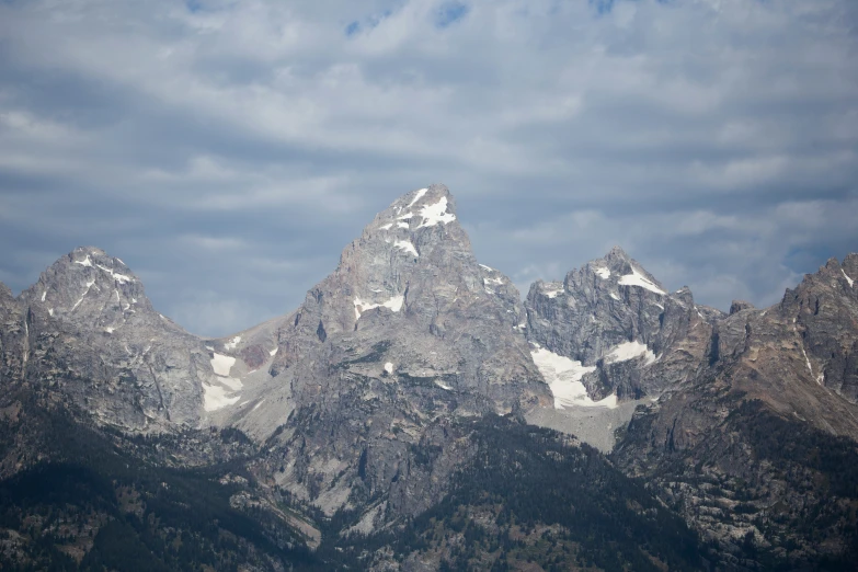 large snow covered mountain tops under a cloudy sky