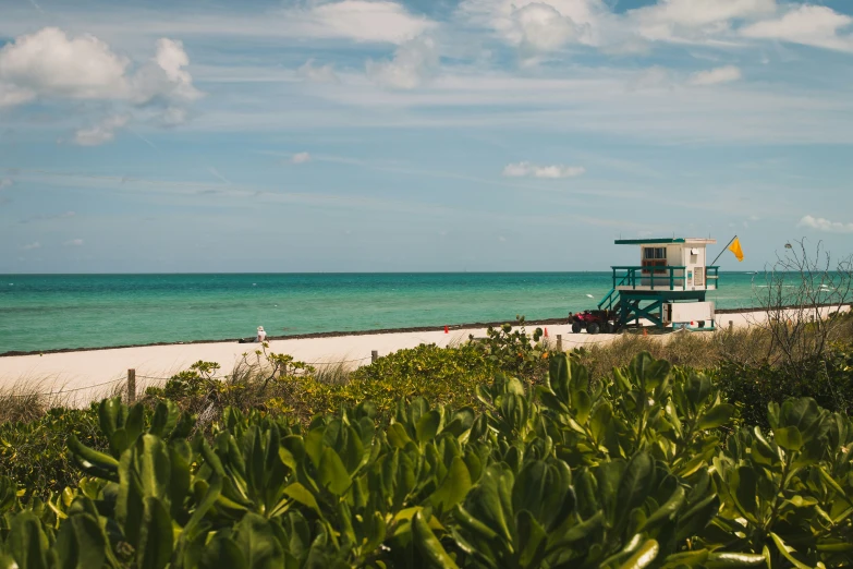 a lifeguard station on the edge of a sandy beach