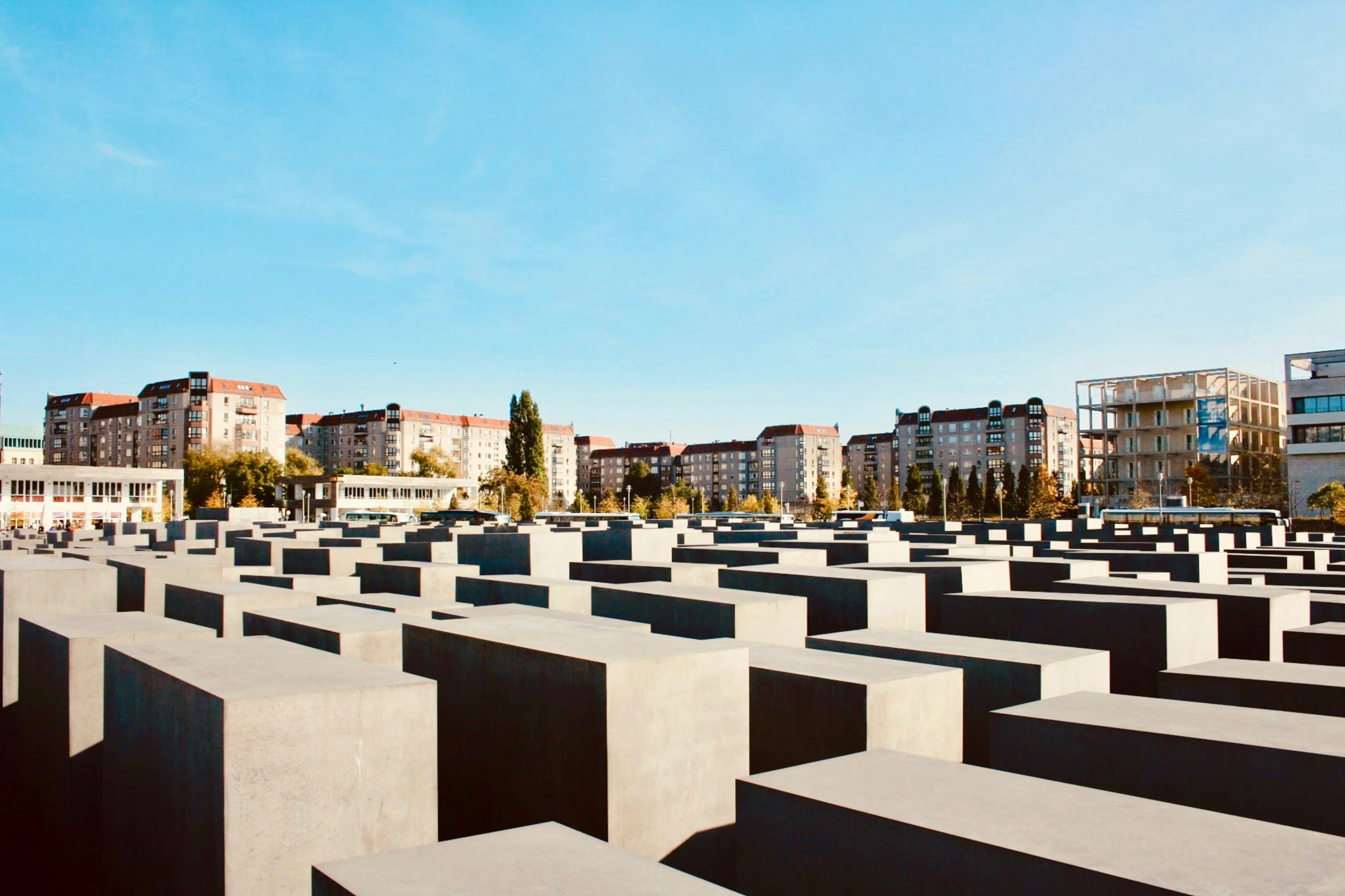 a group of cement blocks with a blue sky