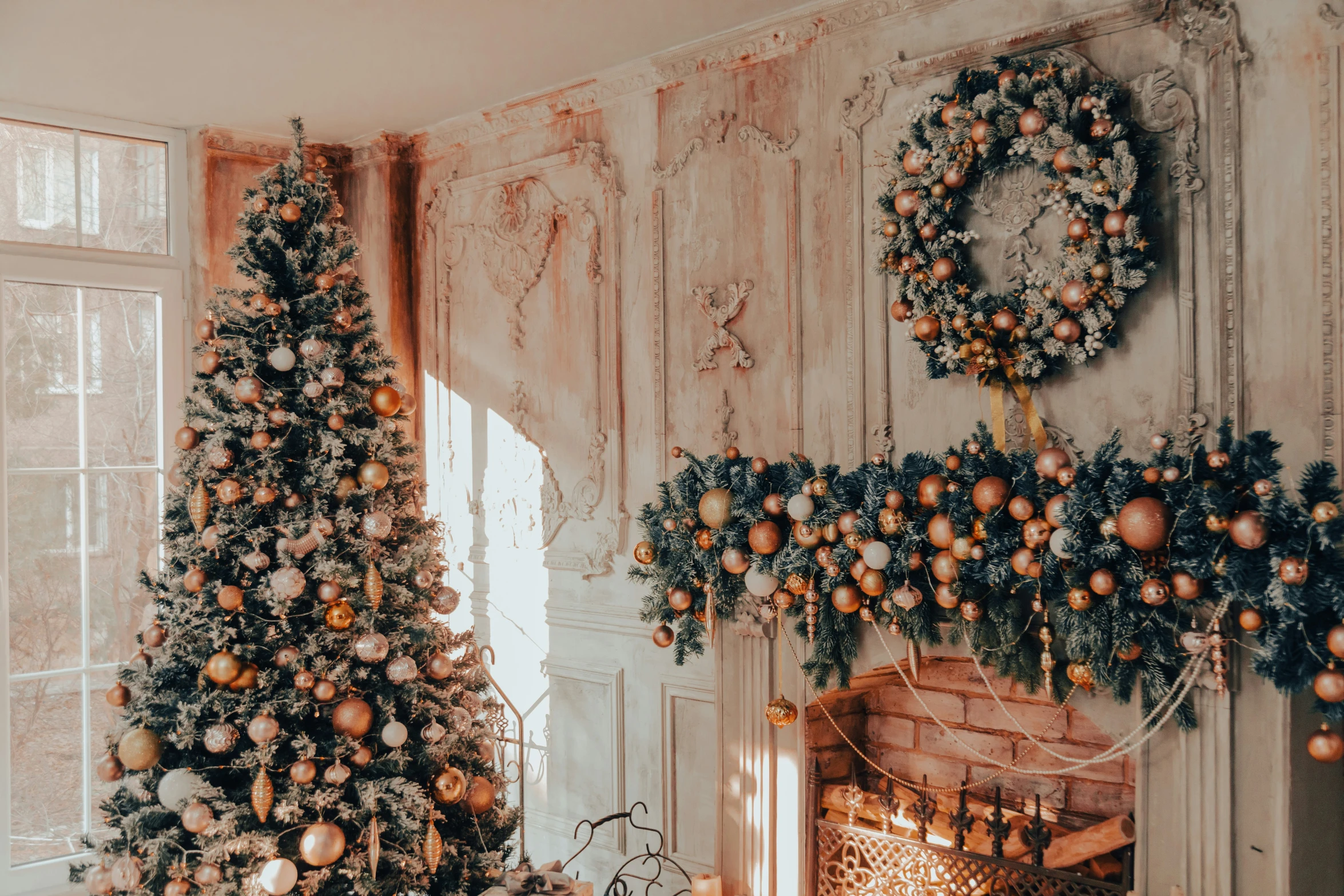 a living room filled with christmas trees and wreaths