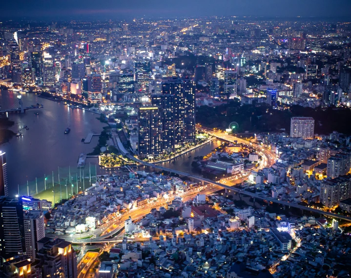 an aerial view of the city at night