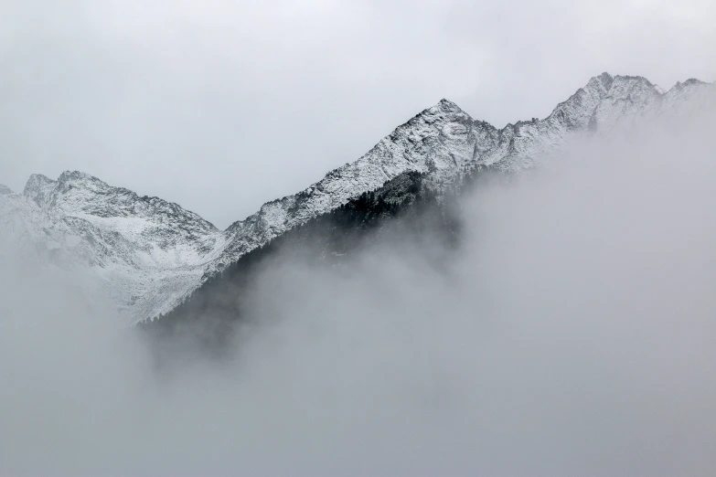 mountains and water covered in snow from above