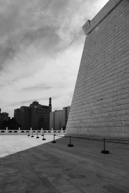 a black and white po with many buildings around