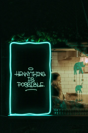 neon sign advertises a restaurant for horse, with a woman on the counter