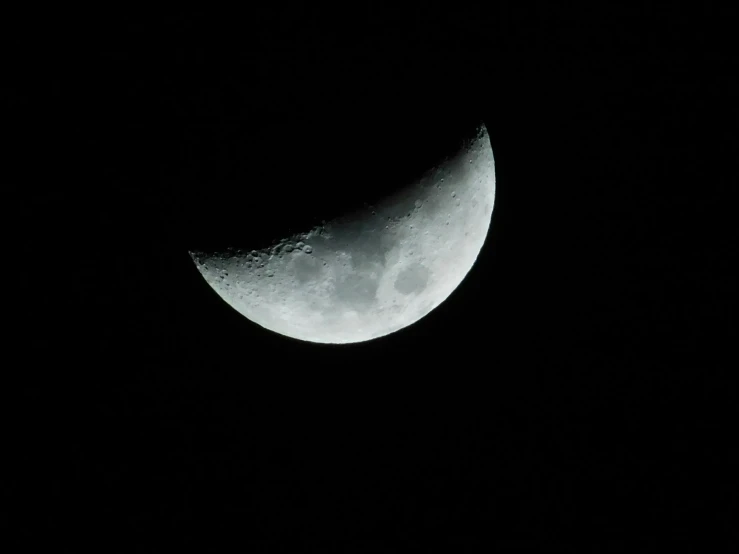 the half moon in black is seen against a dark background
