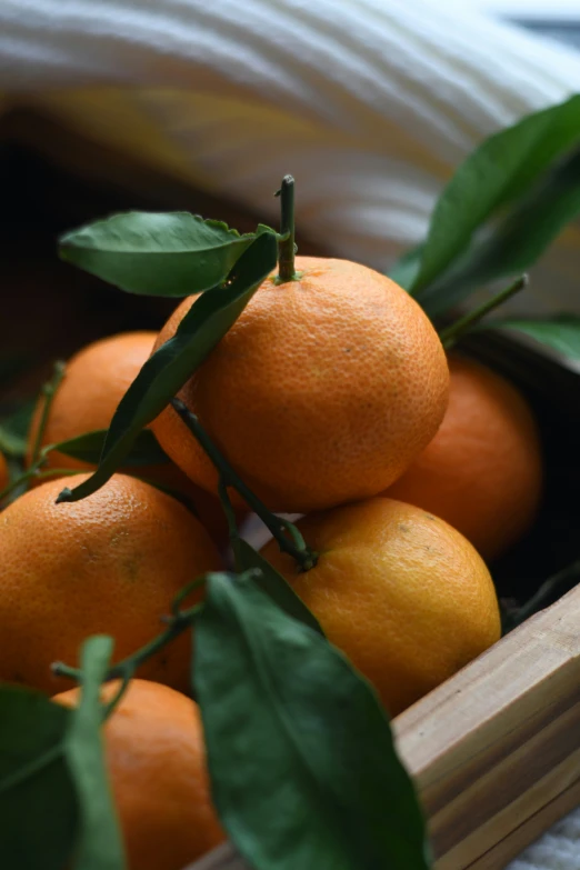 a wooden box filled with oranges and green leaves