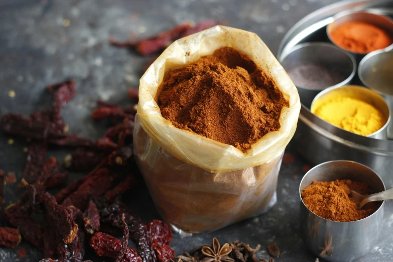 spices and herbs are shown in small metal dishes