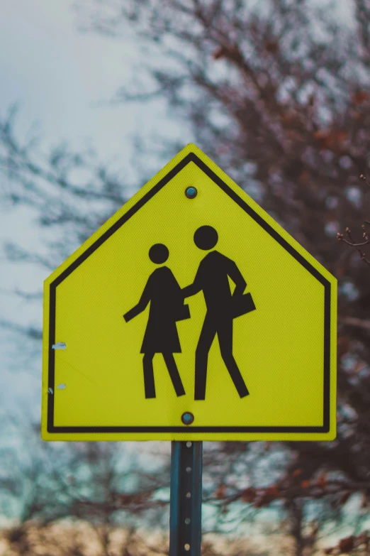 a yellow and black pedestrian crossing sign on a pole