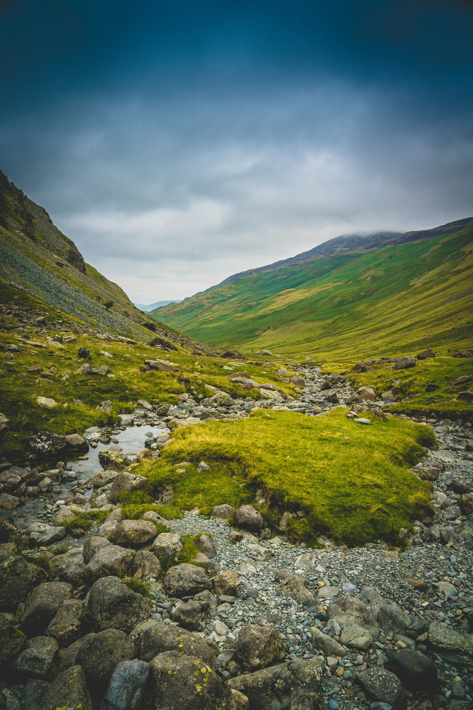 a stream running between a green and rocky area