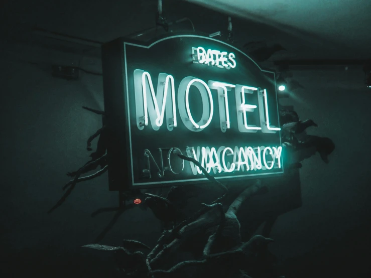 a neon sign in the middle of a room