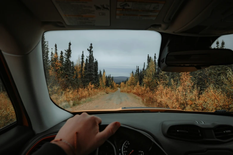 a person driving in a vehicle on a dirt road