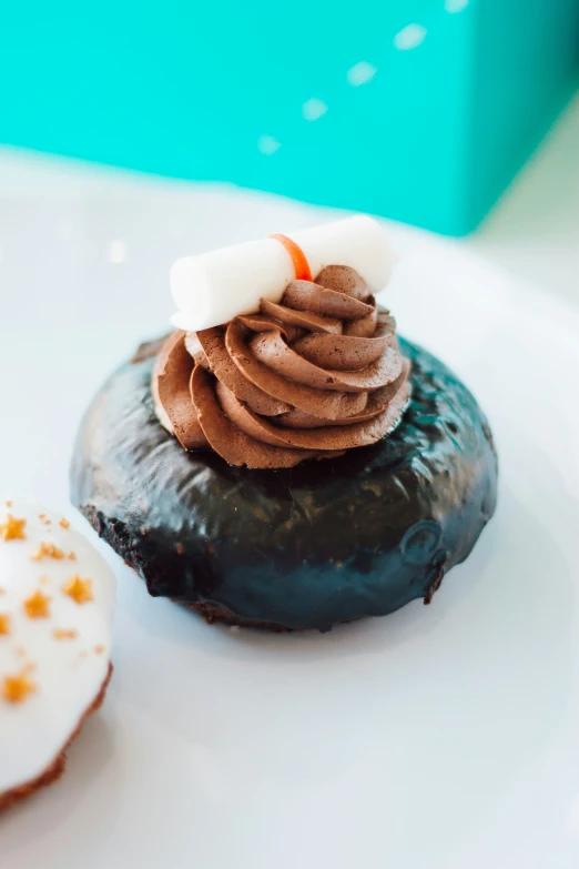 a chocolate donut on a white plate