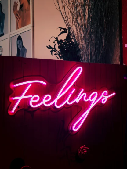 the neon sign of feelings is on display outside