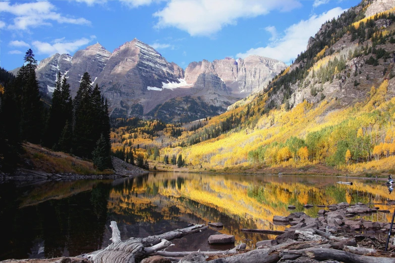 an autumn scene, showing a mountain range and lake