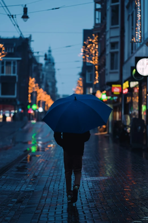 a woman with an umbrella walks down the street