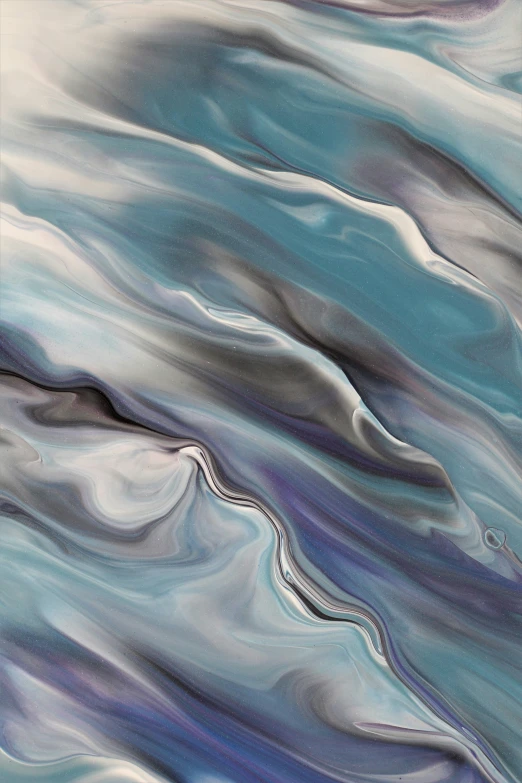 abstract painting with large blue waves and white swirls