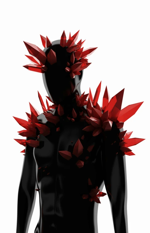 a person is dressed in a black top with many red spikes