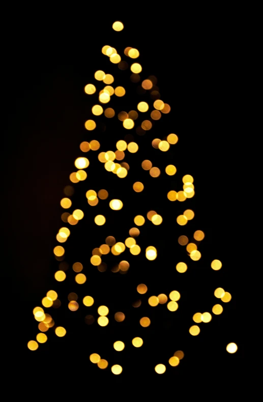 a small lit tree in the dark with boket on top