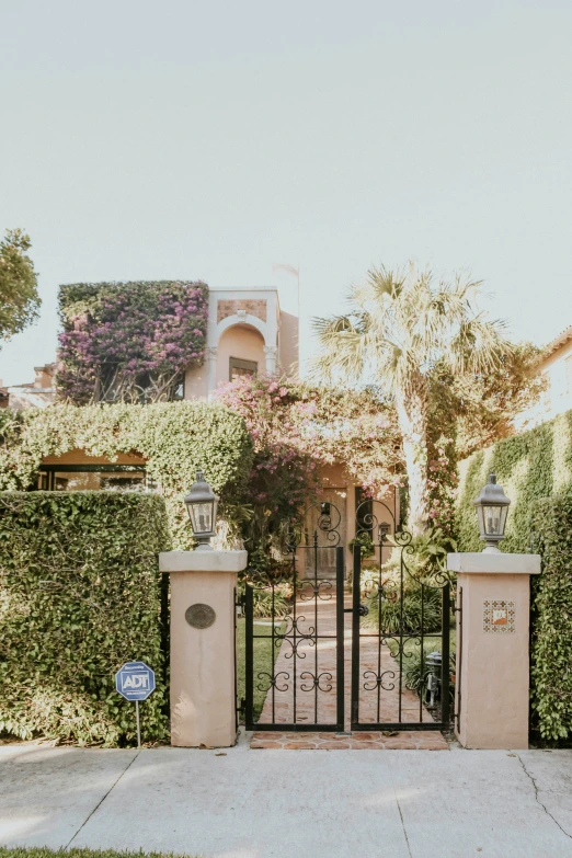 a wrought iron gate with gate design in front of house