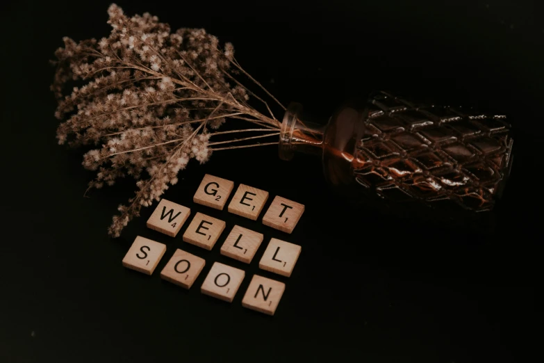 scrabble letters spell out get well soon and go back with flowers in a vase