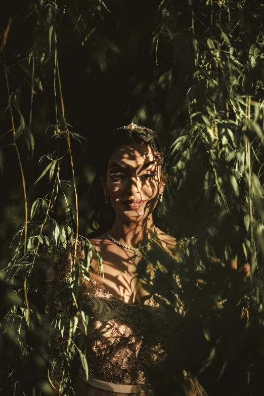 a woman hiding behind a tree