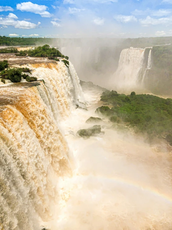 a group of waterfalls are featured with rainbows