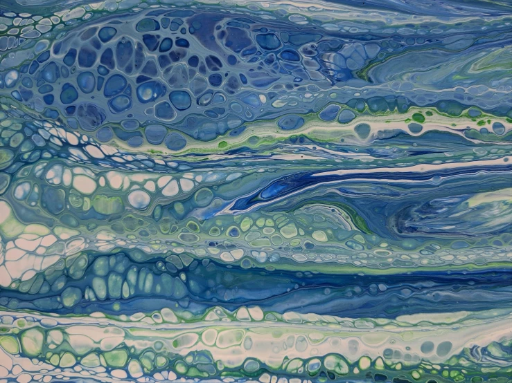 an abstract painting with blue, green and white colors