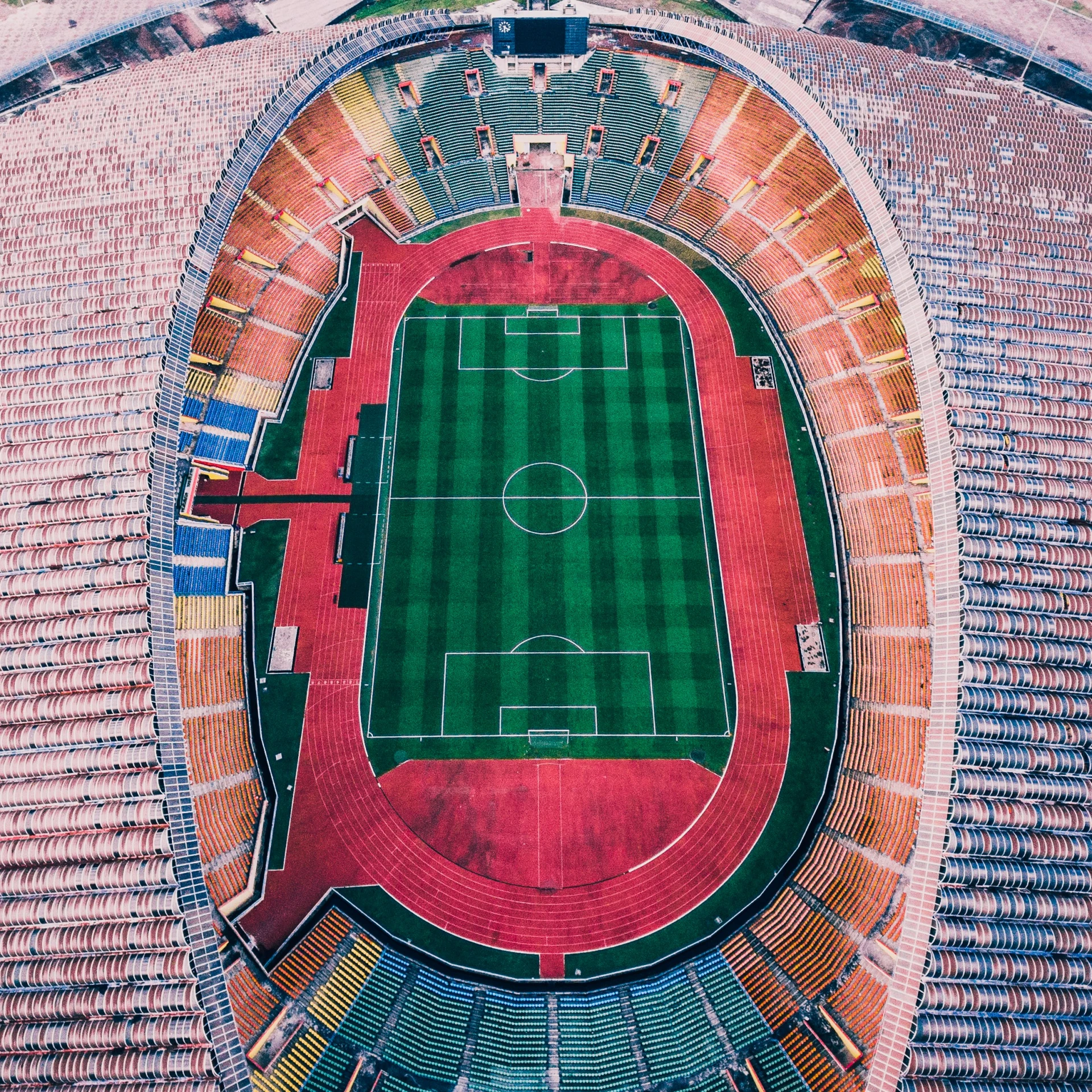 an aerial view of the soccer stadium from above