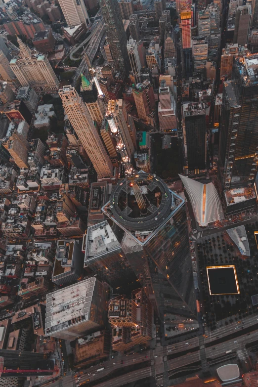 an aerial view of a city at night