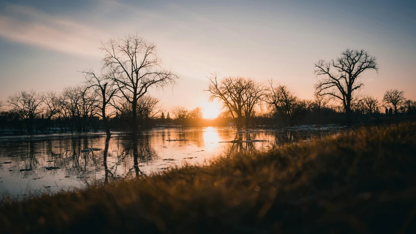 a sunset over a river with water and trees