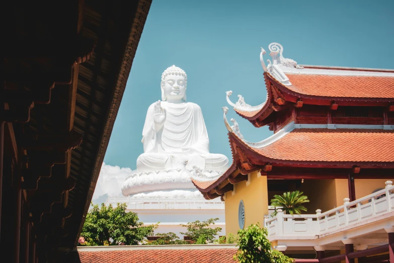 a po taken through a window shows the inside of a pagoda