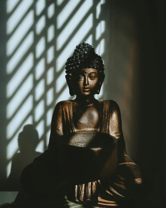 there is a light shining in from behind a buddha statue