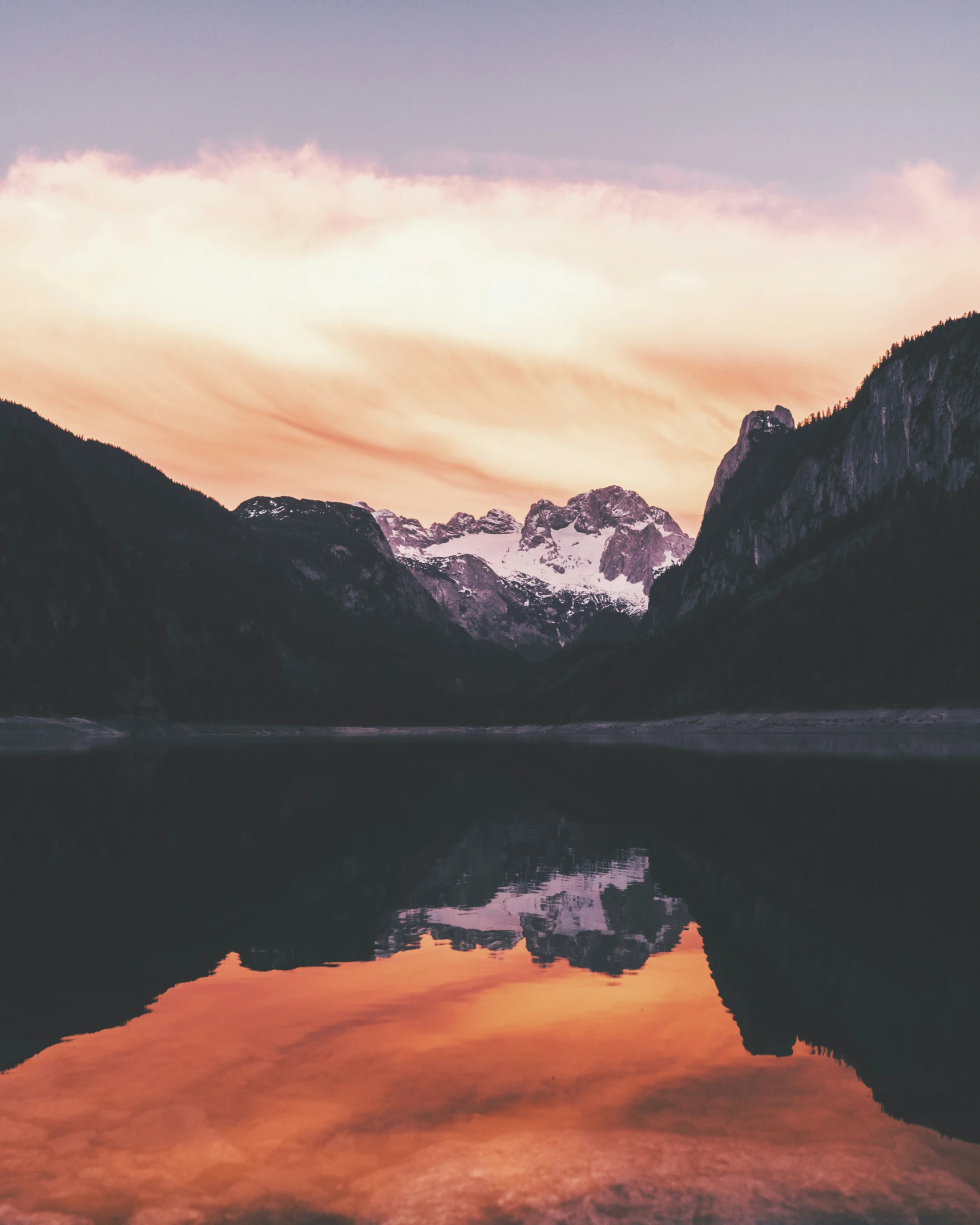 a lake that is surrounded by mountains under a cloudy sky