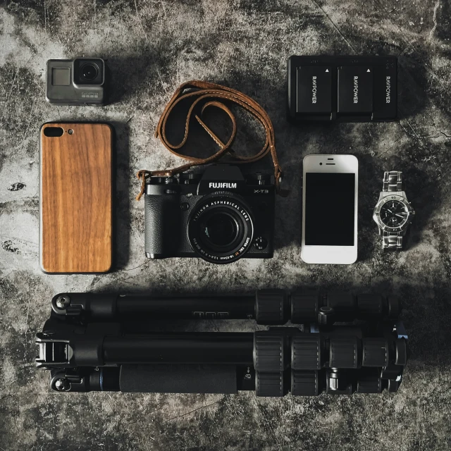 camera and accessories laid out for travel