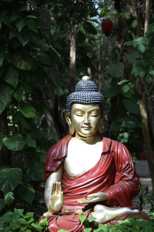 buddha statue sitting next to lush green trees