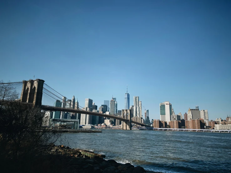 view of the lower manhattan skyline and a bridge from across the river