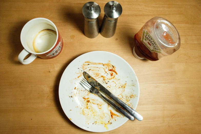 the dirty plate has been left open with the coffee