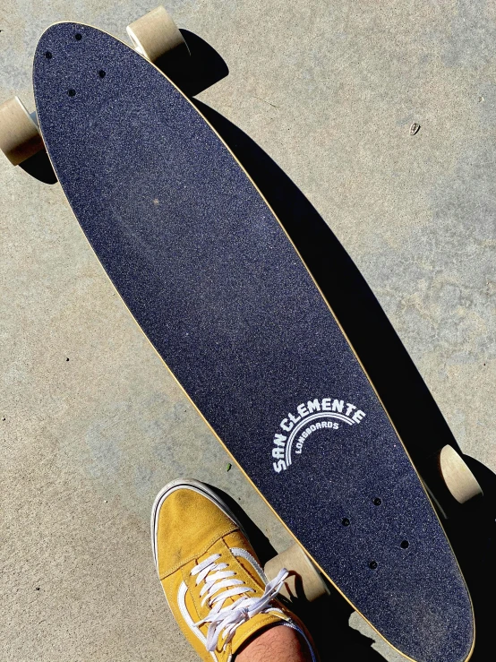 the person is standing in front of their skateboard